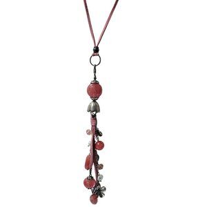 Boho Pink Beaded Silver Tone Strawberry Flower Charm Necklace Fashion Jewelry
